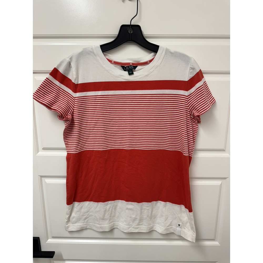 Lauren Ralph Lauren Womens L Stripe Short Sleeve Shirt Top Pullover Red White